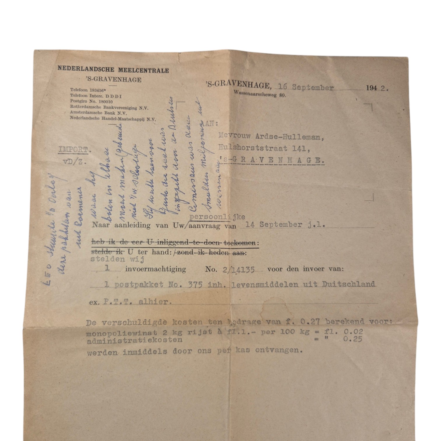 Nederlandsche-meelcentrale-invoermachtiging-levensmiddelen-uit-Duitschland-1942