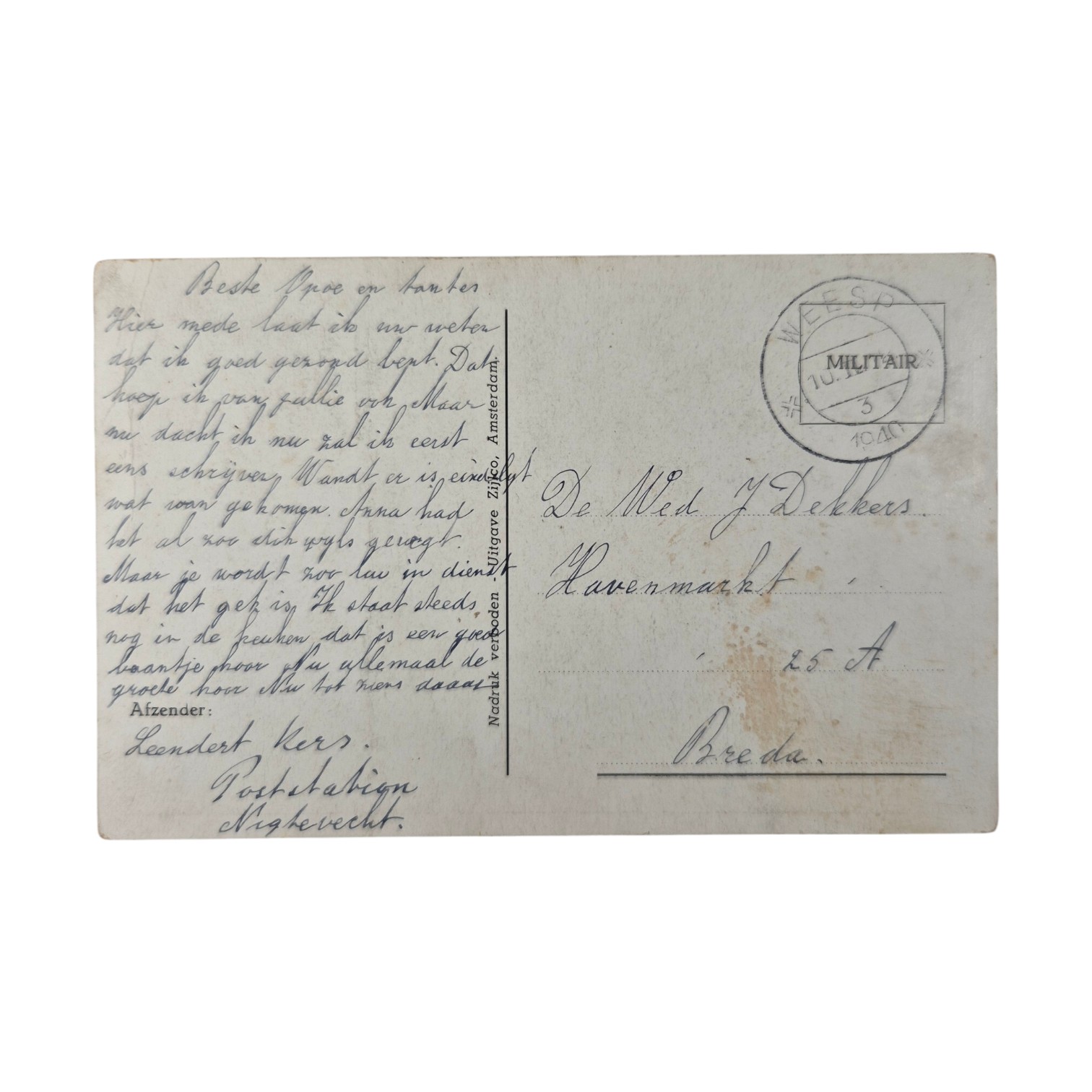 Nederlandse-militaire-ansichtkaart-kok-1940-Weesp